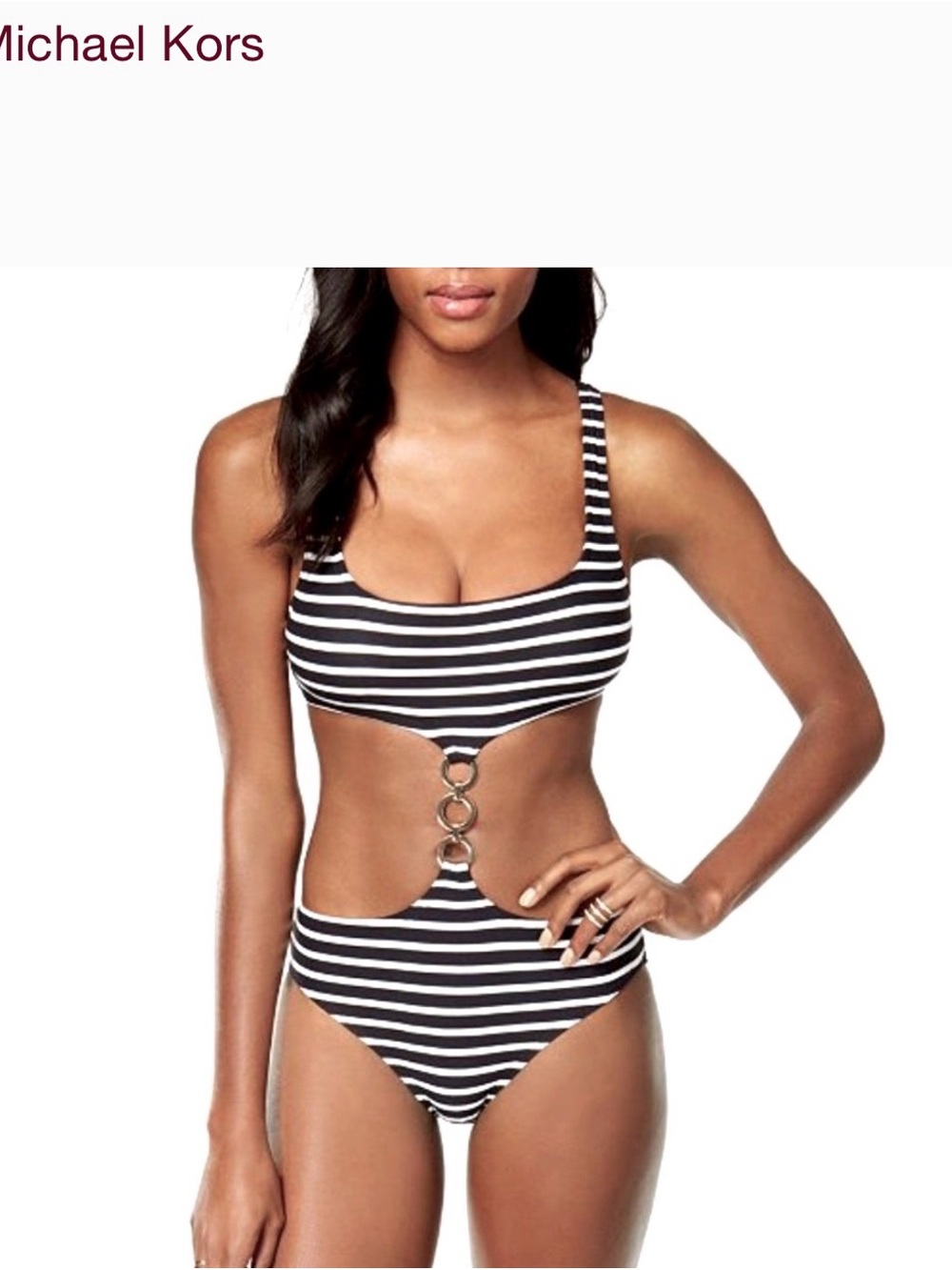 Michael Kors Black and White Striped Ring-Detail One-Piece Swimsuit